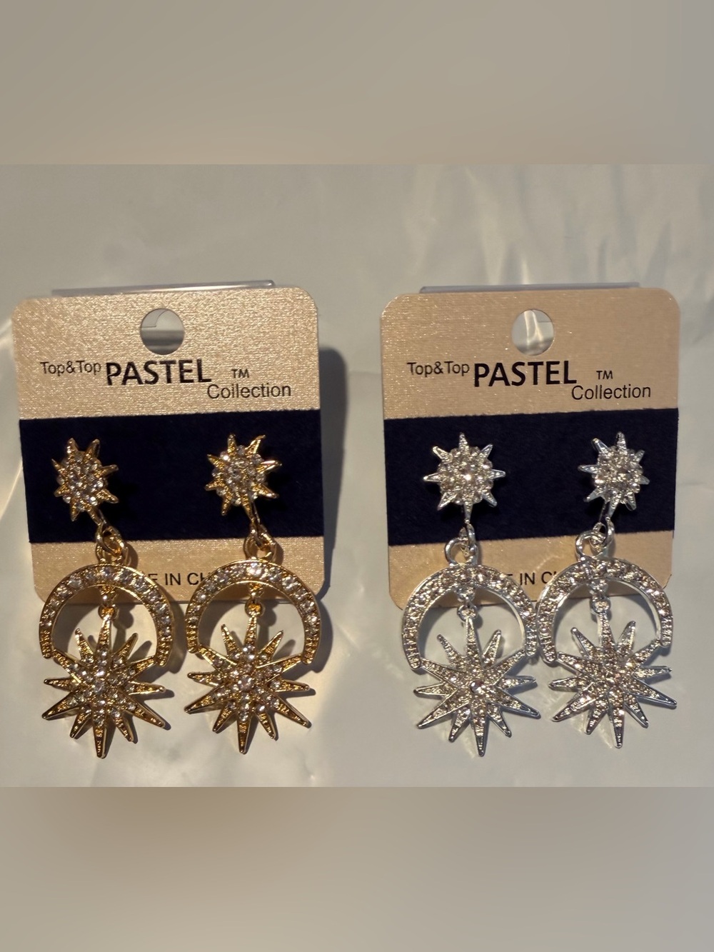 Celestial Rhinestone Starburst Drop Earrings Goldtone or Silvertone NWT